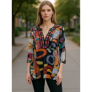 Berek Vtg Tunic Top Wearable Art To Wear Top Abstract Bright Beaded Mesh Large